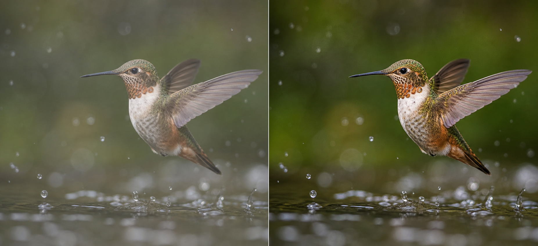 Hummingbird image before and after AI enhancement