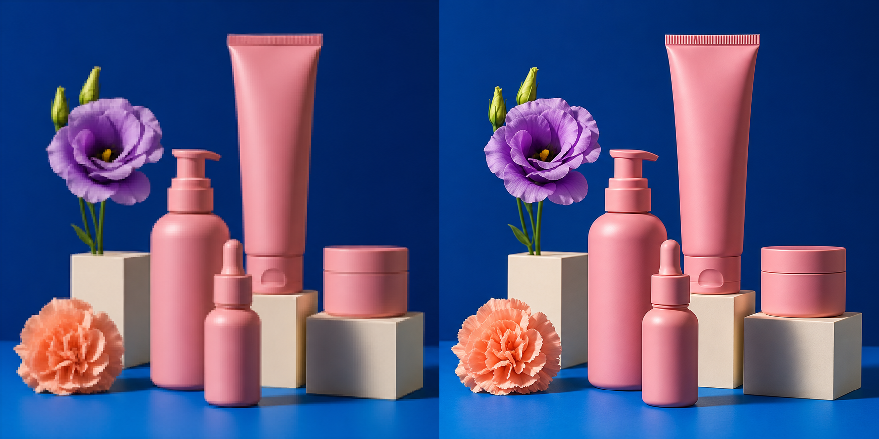 Cosmetic product photo before and after AI upscaling