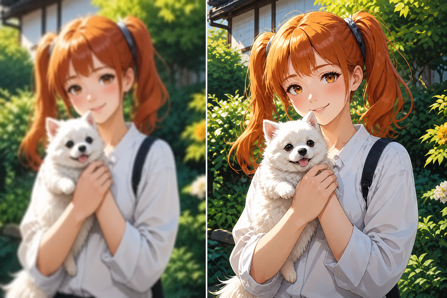 Anime illustration before and after AI upscaling